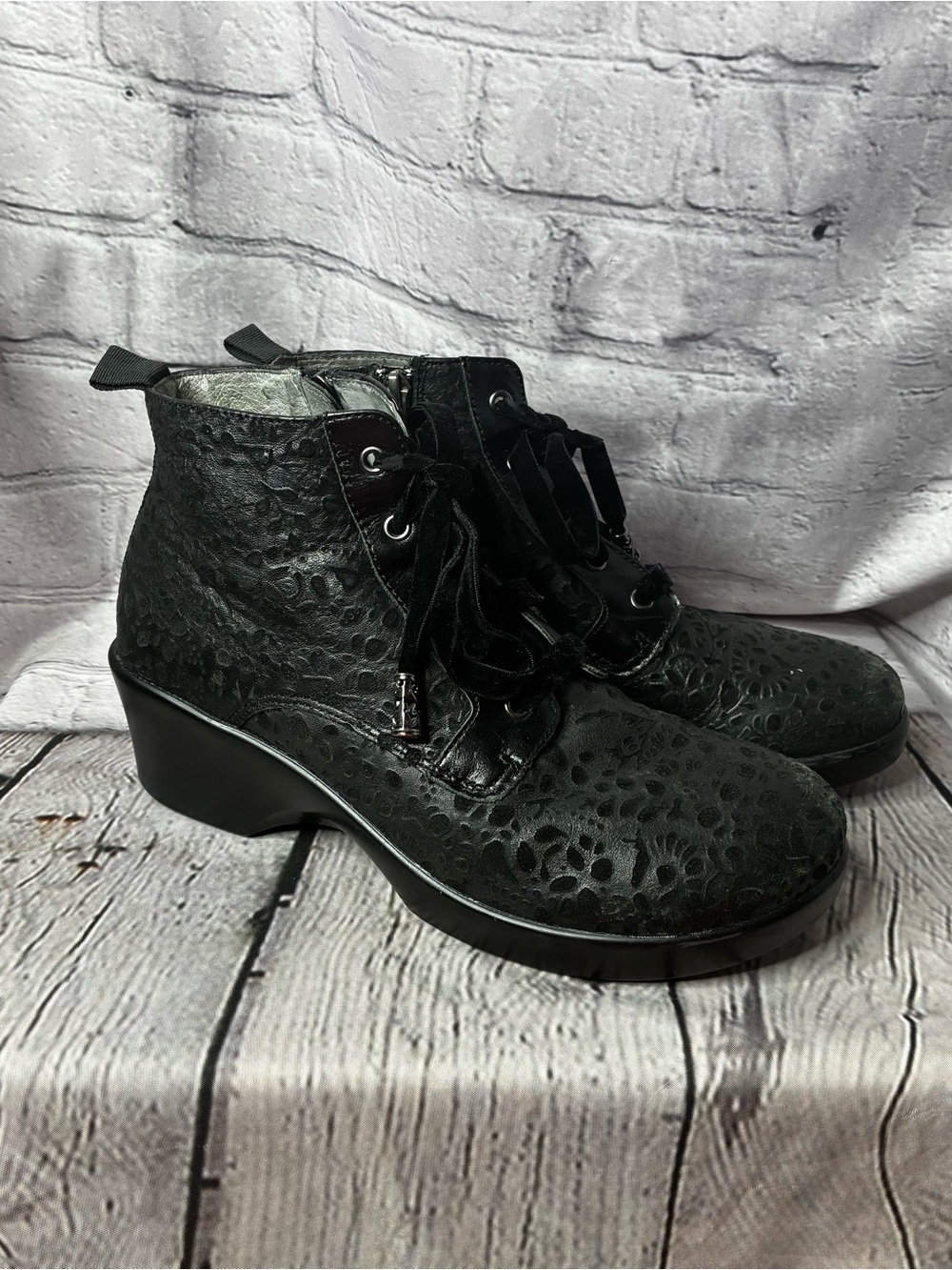 Dark Boho Coquette Academia Gothic Cottagecore Black Leather Floral Booties 40‎